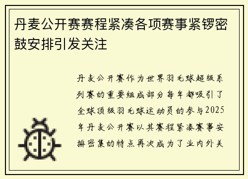 丹麦公开赛赛程紧凑各项赛事紧锣密鼓安排引发关注