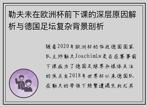勒夫未在欧洲杯前下课的深层原因解析与德国足坛复杂背景剖析